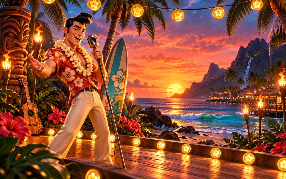 Concept art of an original retro singer on a tropical beach stage