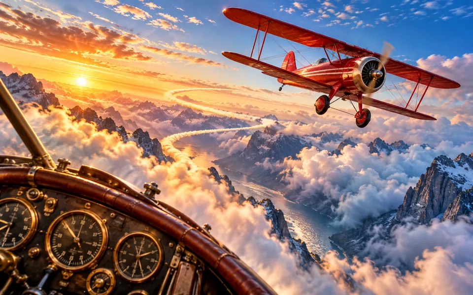 Concept art of a red vintage biplane banking above clouds