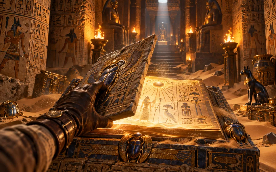 Concept art of a glowing stone book in an Egyptian tomb