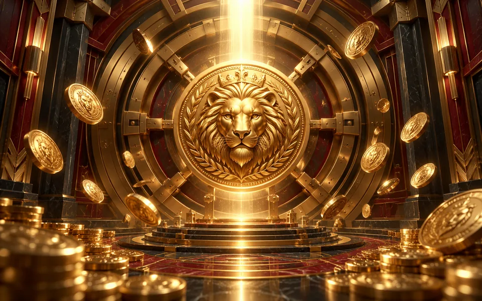 Concept art of a giant coin inside an art deco bank vault