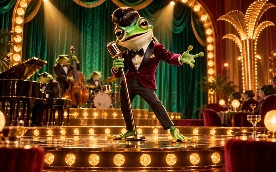 Concept art of an original frog lounge singer on a green velvet stage
