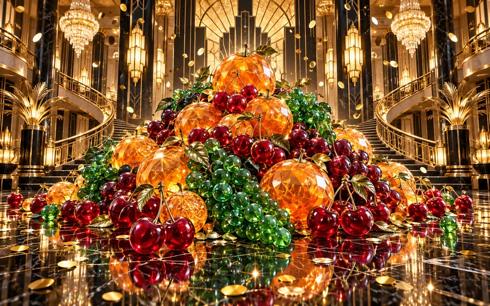 Concept art of jewel-like fruit inside an art deco ballroom