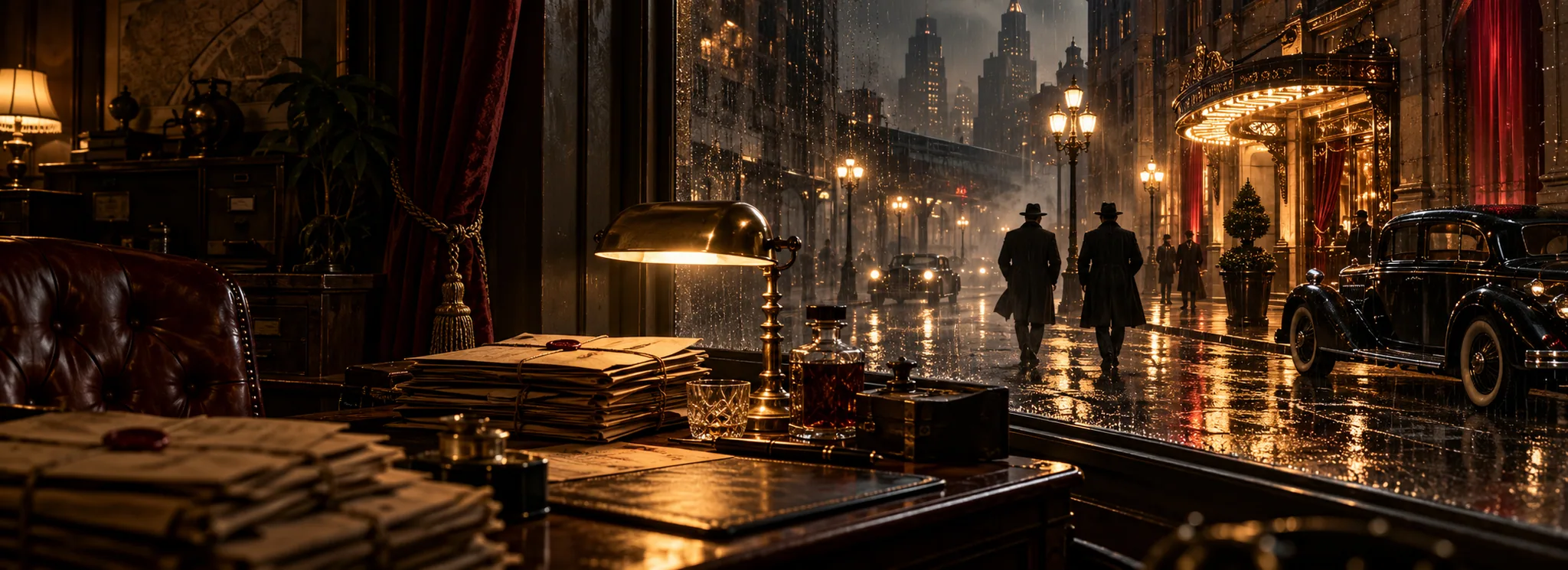Rainy 1920s city seen from a detective office with two suited silhouettes
