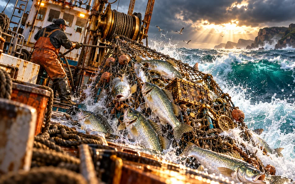 Concept art of a fishing trawler hauling treasure through rough seas