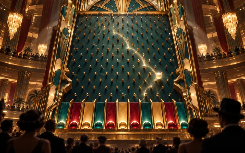 Concept art of an illuminated brass peg board in an art deco hall