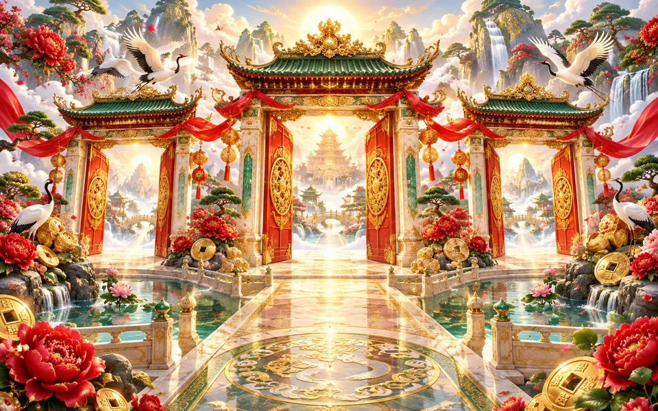 Concept art of three golden fortune gates in a celestial garden
