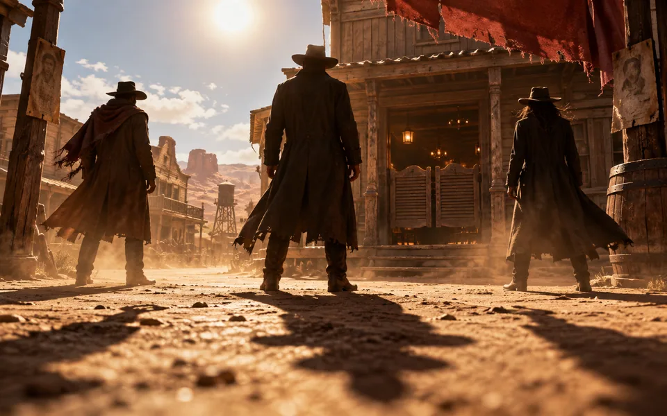 Concept art of three anonymous outlaw silhouettes in a dusty western town