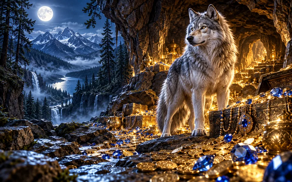 Concept art of a silver wolf guarding a moonlit mountain treasury